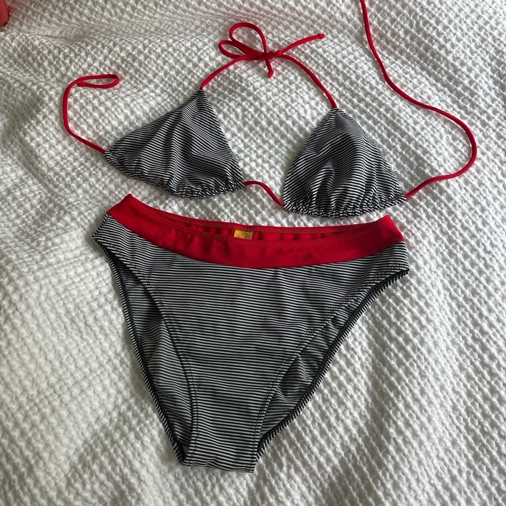 Frankie's Bikinis Red and Black Striped Bikini Bottom
